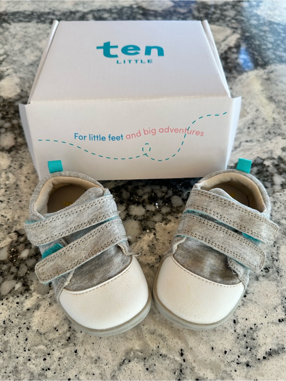 Ten Little Grey & White Baby First Walker Shoes with Teal Accents